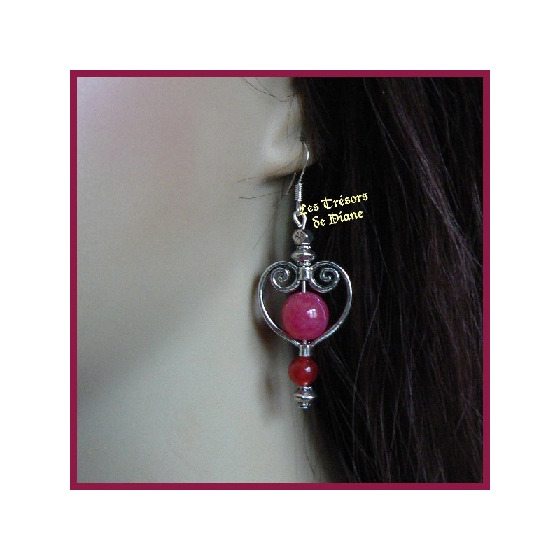 Boucles d'oreilles COEUR en jade rouge