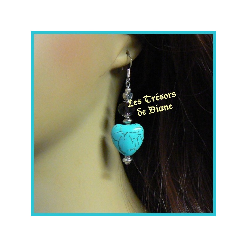 Boucles d'oreilles COEUR en turquoise et cristal Swarovski