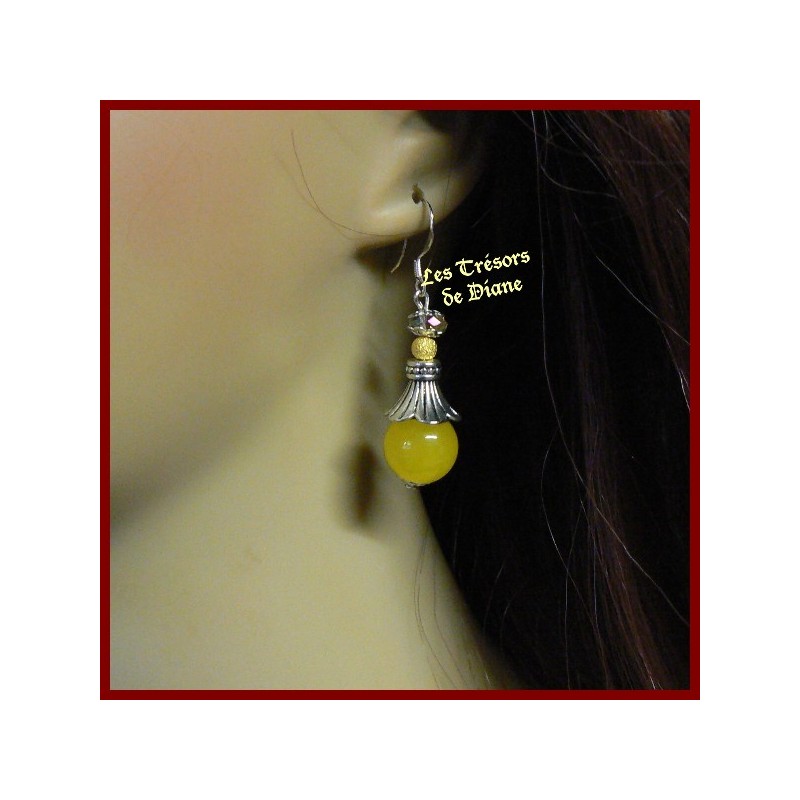 Boucles d'oreilles en jade jaune et cristal