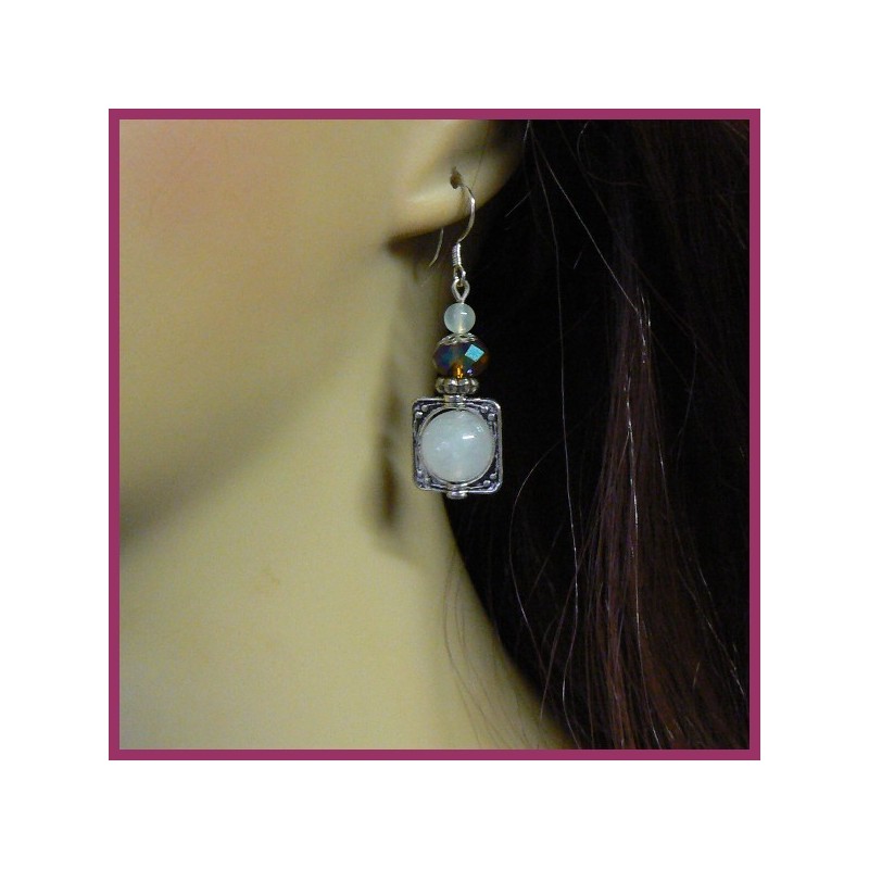 Boucles d'oreilles ECLIPSE en jade blanc, quartz et cristal Swarovski