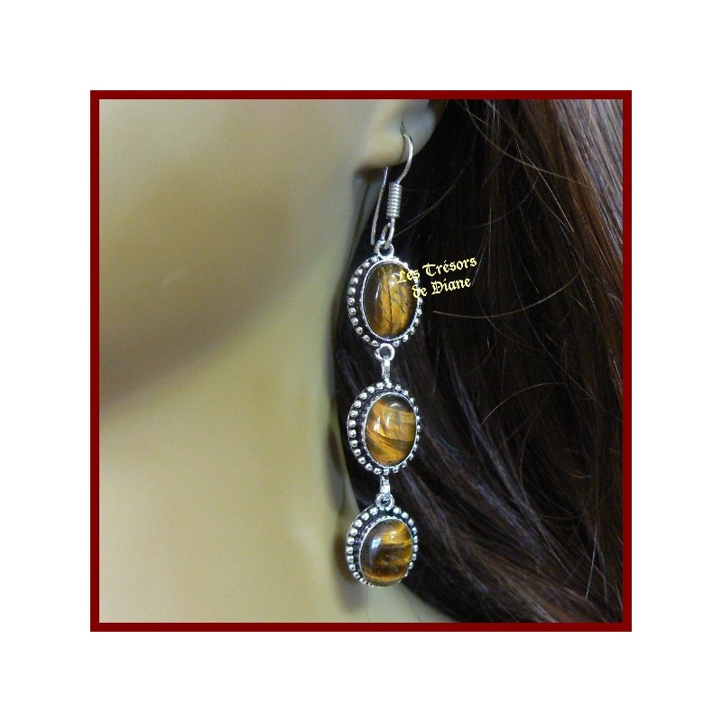 Boucles d'oreilles prestige en OEIL DE TIGRE naturel serti argent Boucles d'oreilles prestige en OEIL DE TIGRE naturel serti argent