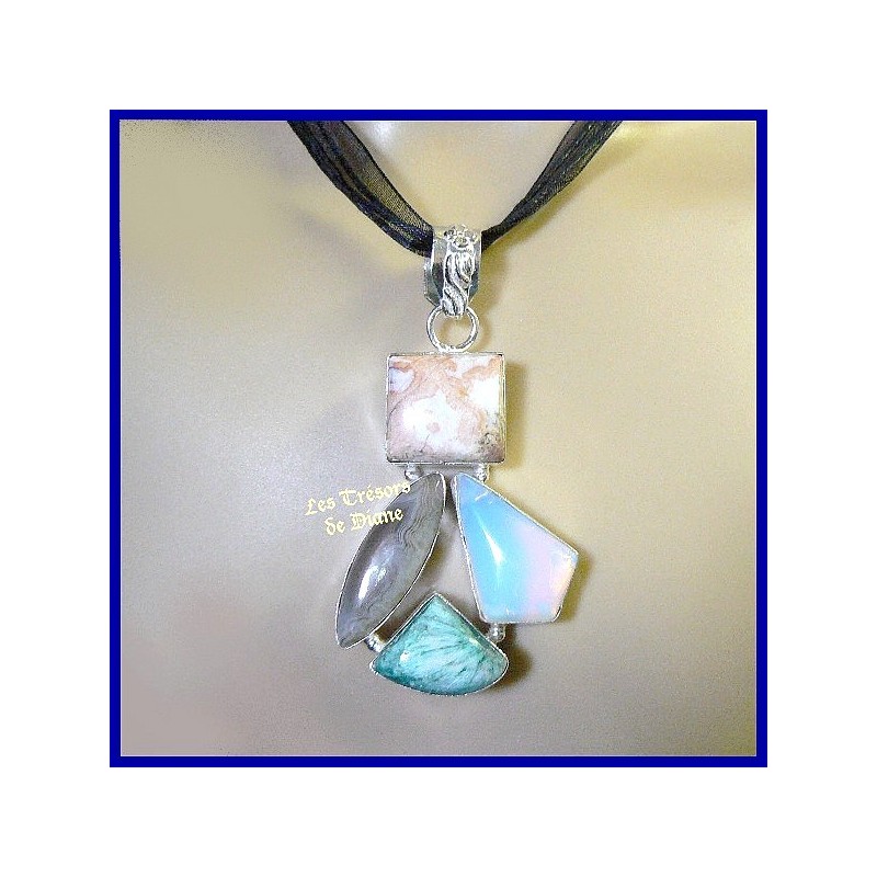 Pendentif prestige en agate, opalite et jaspe naturels sertis argent