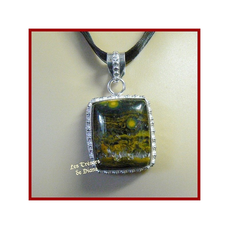 Pendentif prestige en OEIL DE TIGRE naturel serti argent