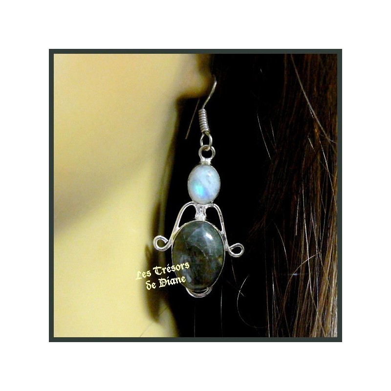 Boucles d'oreilles PRESTIGE en LABRADORITE et PIERRE DE LUNE naturelles