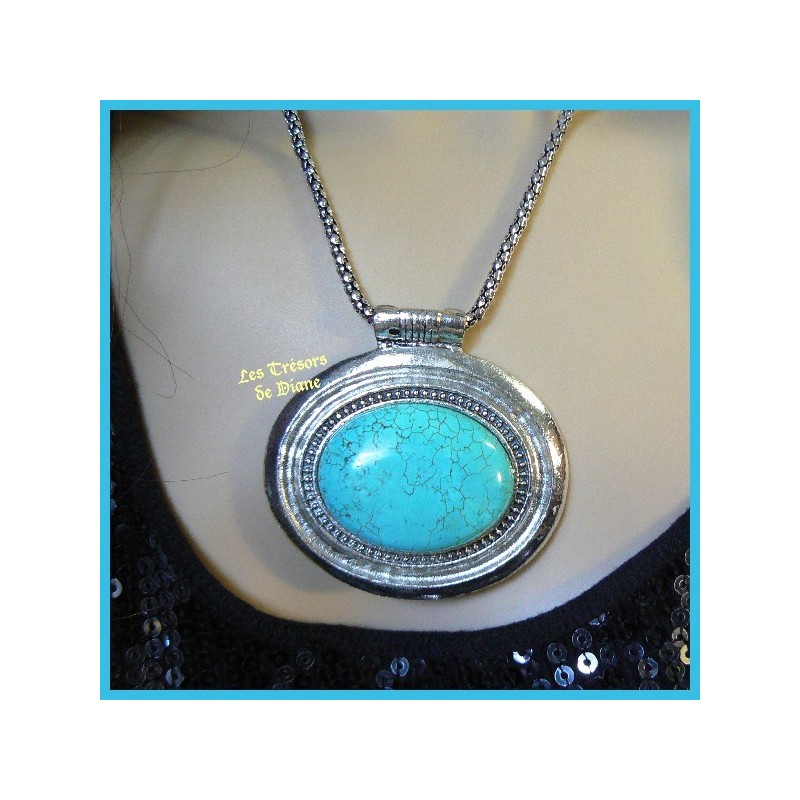 Pendentif médaillon en TURQUOISE naturelle sertie