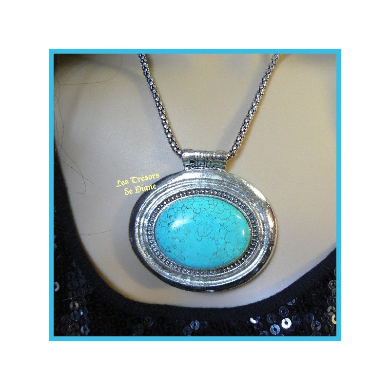 Pendentif médaillon en TURQUOISE naturelle sertie