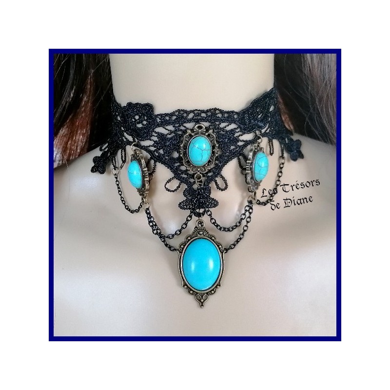 Ras de cou en DENTELLE et TURQUOISES Ras de cou en DENTELLE et TURQUOISES