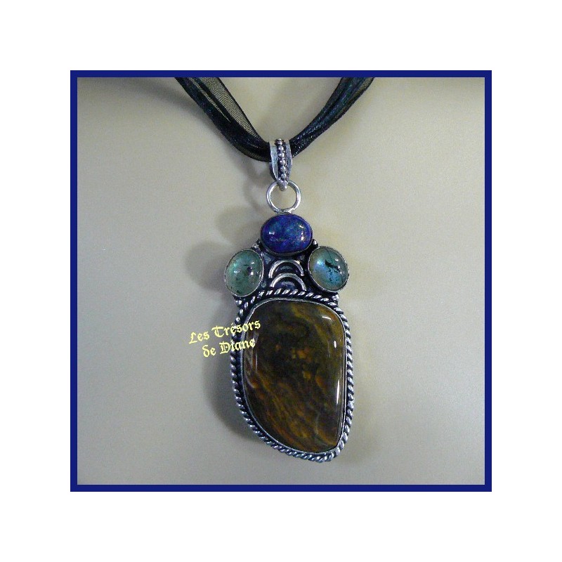 Pendentif PRESTIGE en JASPE, LABRADORITE et LAPIS LAZULI naturels