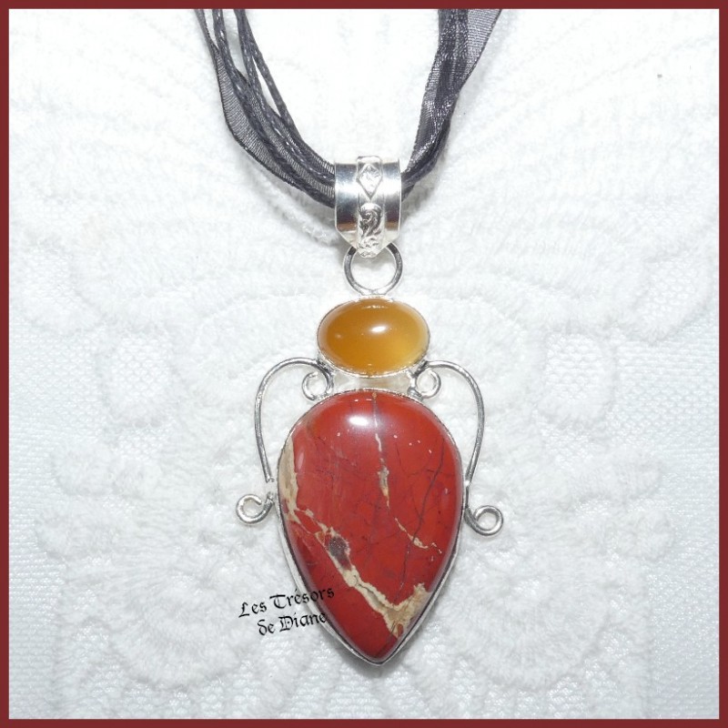 Pendentif en JASPE et AGATE naturels et ARGENT Pendentif en JASPE et AGATE naturels et ARGENT