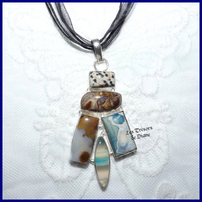 Pendentif en AGATE et JASPE naturels et ARGENT Pendentif en AGATE et JASPE naturels et ARGENT