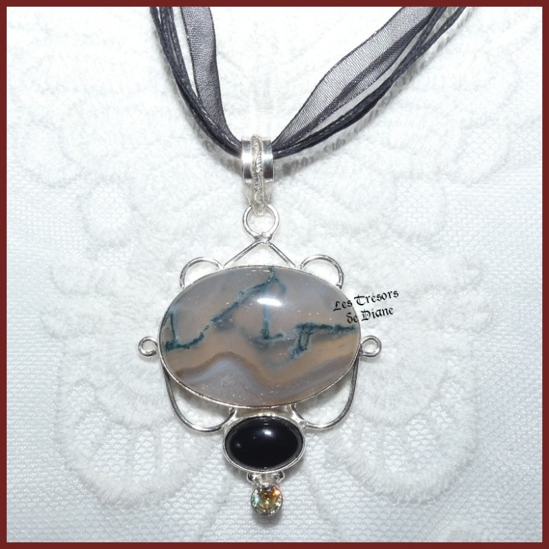 Pendentif en AGATE et ONYX naturels et ARGENT