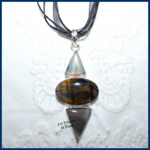 Pendentif en AGATE et OEIL DE FAUCON naturels et ARGENT