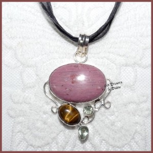 Pendentif en RHODONITE, OEIL DE TIGRE, TOPAZE naturels et ARGENT