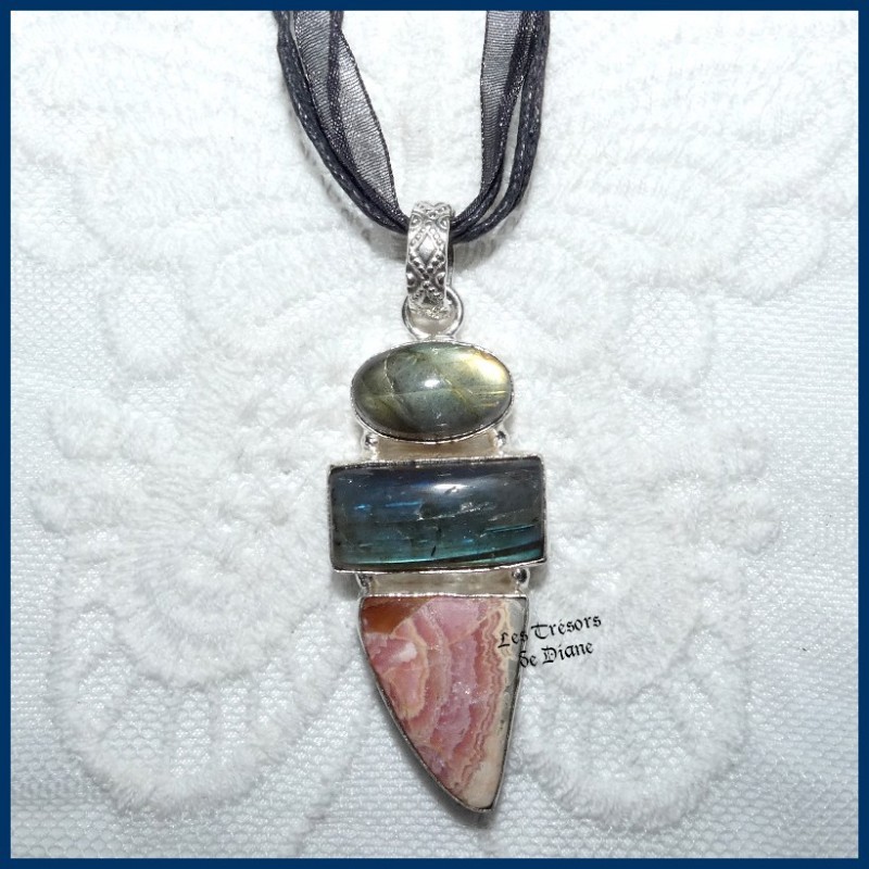 Pendentif en RHODOCHROSITE et LABRADORITE naturelles et ARGENT