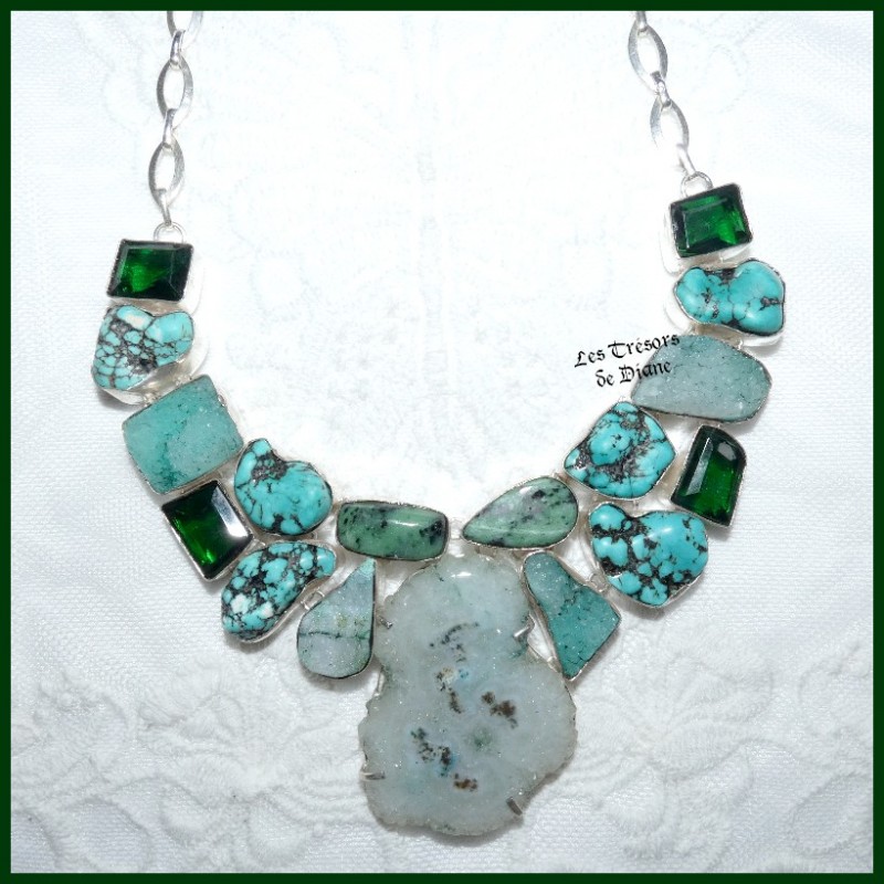 Collier en QUARTZ, JASPE, TURQUOISE naturels et ARGENT