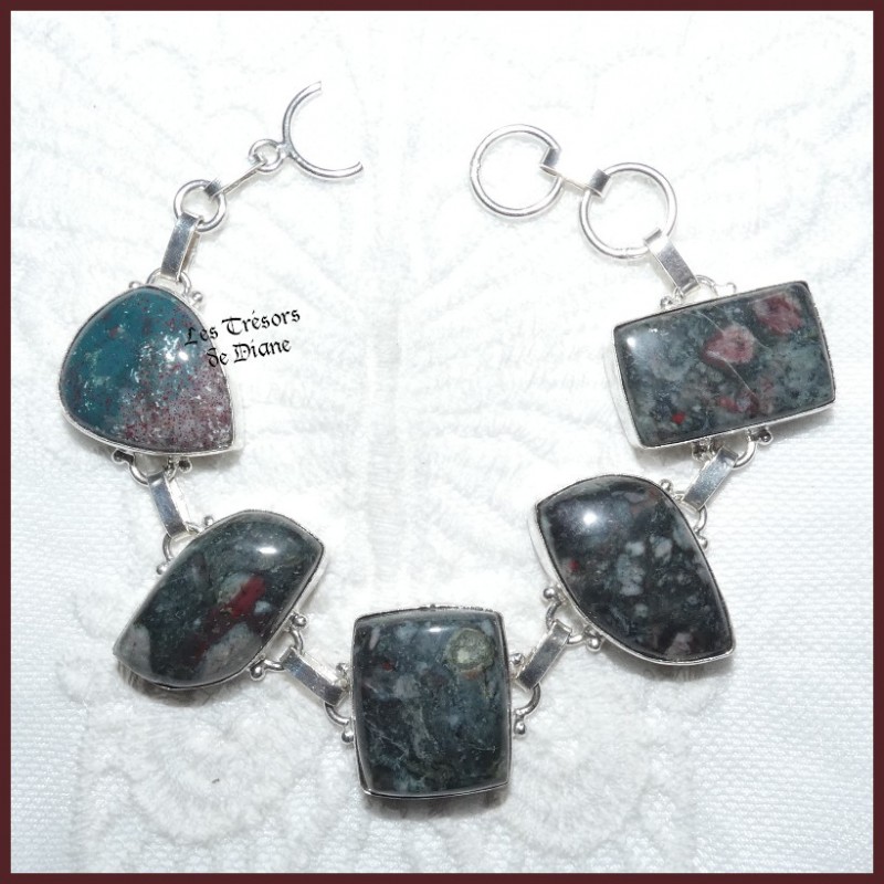 Bracelet PRESTIGE en HELIOTROPE, JASPE naturels et ARGENT Bracelet PRESTIGE en HELIOTROPE, JASPE naturels et ARGENT