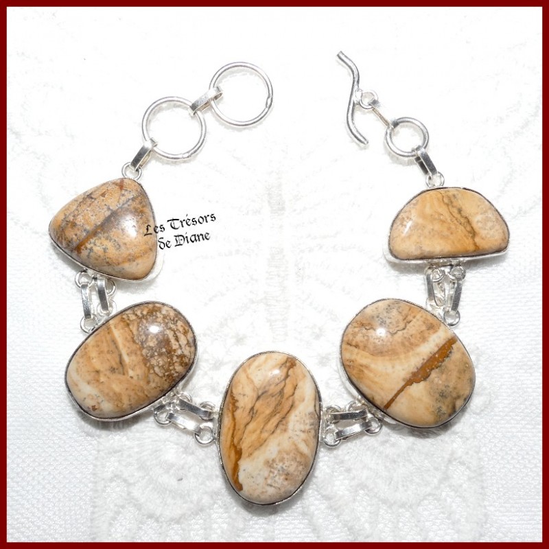 Bracelet en JASPE PAYSAGE naturel et ARGENT Bracelet en JASPE PAYSAGE naturel et ARGENT