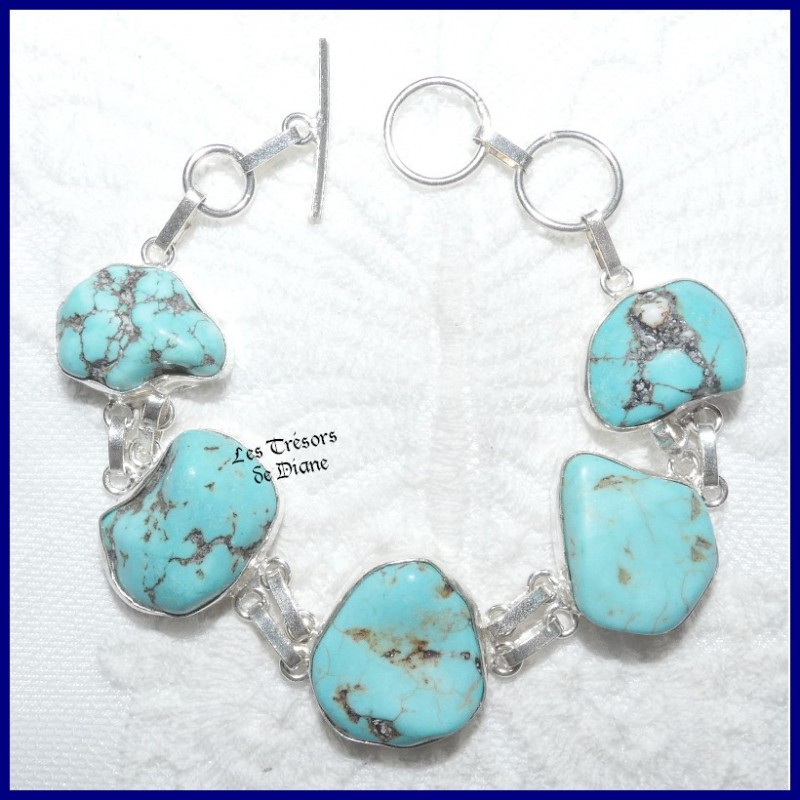Bracelet en TURQUOISE brute naturelle et ARGENT Bracelet en TURQUOISE brute naturelle et ARGENT