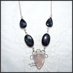 Collier PRESTIGE en OEIL DE FAUCON, QUARTZ ROSE naturels et ARGENT
