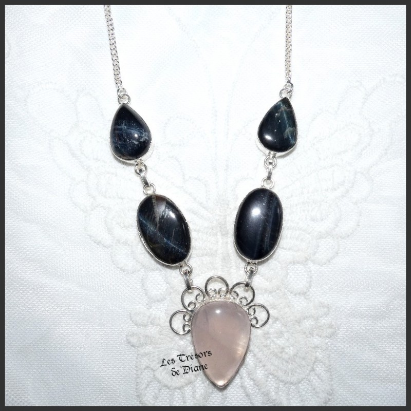 Collier PRESTIGE en OEIL DE FAUCON, QUARTZ ROSE naturels et ARGENT